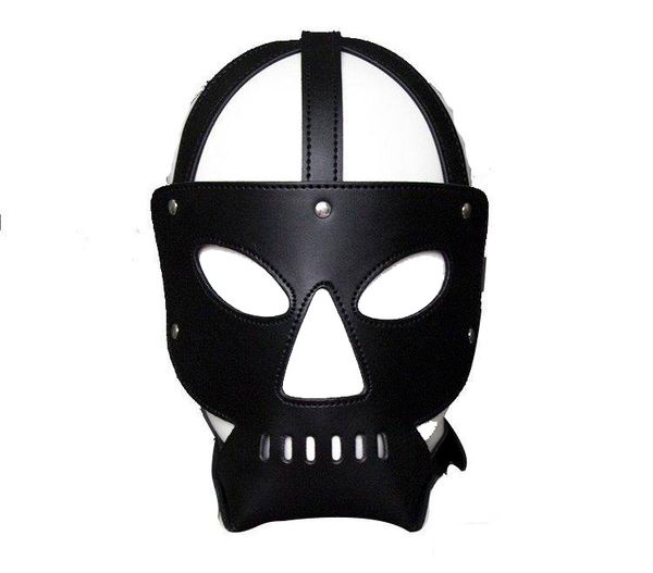 Slave Bondage Hood Mask Máscaras faciales de cuero negro brillante Producto sexual para adultos Juegos sexy Juguetes