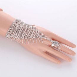 Slave Silber Hand Kristall Kette Ring Braut Armband Armreif Strass Hand Dekoration Hochzeit Manschette befestigt Ring Set Gold185p