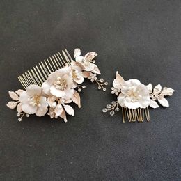 SLBRIDA hecho a mano estilo Ins aleación flor hoja cristal Diamante de imitación peineta nupcial tocado de boda accesorio para el cabello joyería de mujer X0625