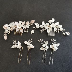 SLBRIDAL hecho a mano diamantes de imitación de cristal perlas de agua dulce flor peineta para novia Pin Set accesorio para el cabello de boda joyería de mujer