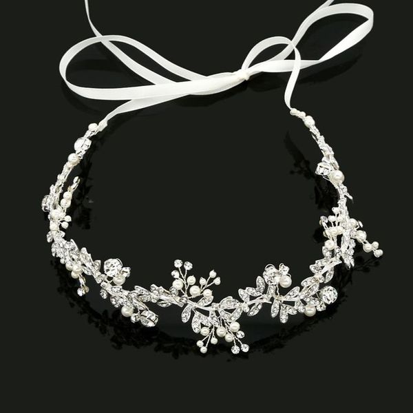 SLBRIDAL ruban fait à la main en alliage filaire strass cristaux perles fleur feuille bandeau de mariage cheveux de mariée vigne accessoires de cheveux W0246t