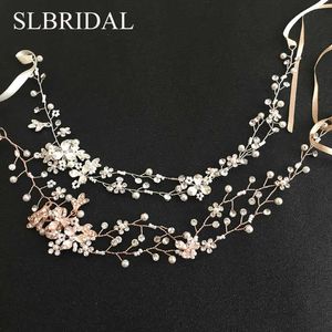 Slbridal Rose Gold Crystal Rhinestone Parels Bruiloft Haaraccessoires Haar Vine Haarband Bruids Hoofdband Bruidsmeisjes Sieraden X0625