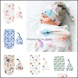 Sacs Slee Nouveau-né Bébé Swaddle Animaux de dessin animé Florals Couverture en mousseline et chapeau Sac de couchage doux avec 2 pièces Ensemble Mxhome Drop Mxhome Dhdaq