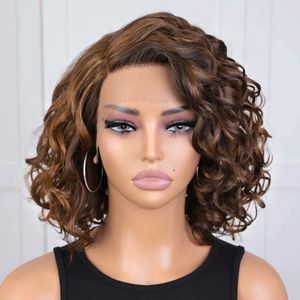 Perruque Bob Lace Front Wig naturelle brésilienne, cheveux humains, bouclés et rebondissants, à reflets bruns, ondulés, élégants, pour femmes