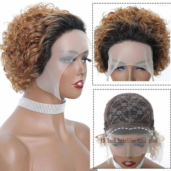 Perruque coupe lutin élégante courte Bob perruques de cheveux humains bouclés Ombre T1B/27 dentelle transparente eau profonde vague avant pour les femmes