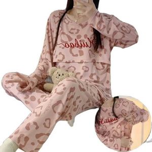 Slaaplounge 2024 Leermode Zwangere dames pyjama -zorg lange mouwen luipaardpatroon latex kleding set bh D240516
