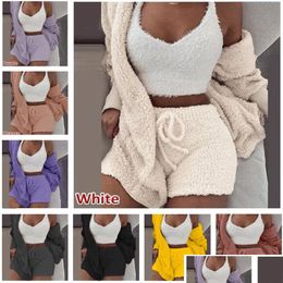 Sleep Lounge 3Pcs / Set Hiver Polaire Pyjamas Ensemble Femmes Homewear Manteau À Manches Longues Vêtements D'extérieur Ajouter Gilet Sans Manches Shorts 3 Pièces Tenues S Dh27B