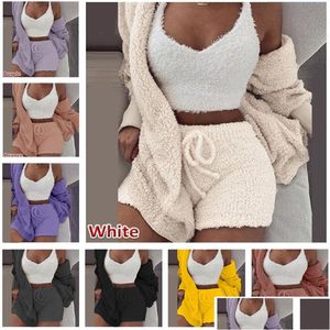 Sleep & Lounge 3Pcs/Set Winter Fleece Pajamas Set Women Homewear Long Sleeve Coat Outwear Add Sleeveless Vest Shorts 3 Piece Outfits S Dh27B