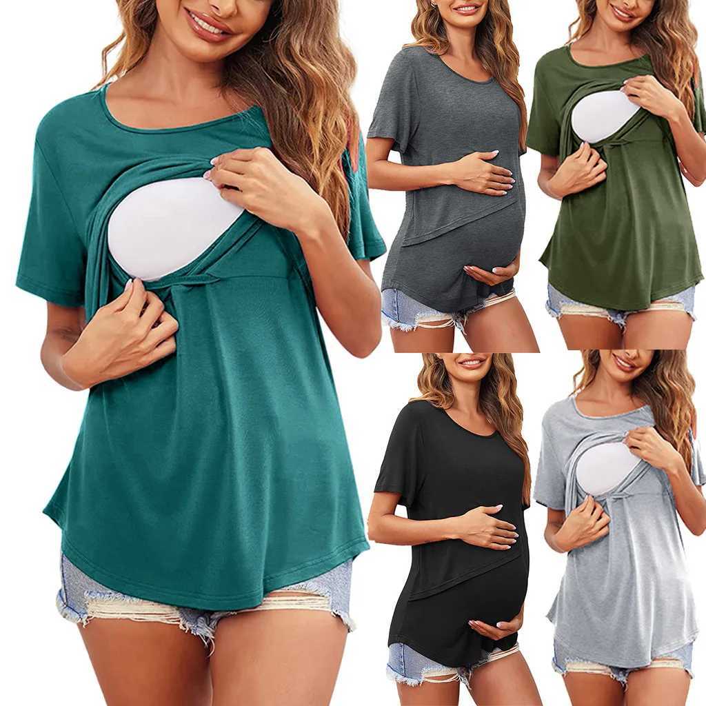 Sleep Lounge New Pregnant Womens Clothing Short sleeved Crew Neckline Solid Color Asymmetric Flip Collar Nurse Top Casual T-shirtL2405