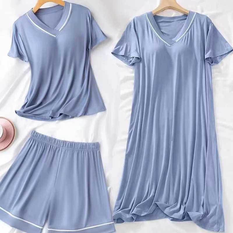 Sleep Lounge Summer 2024 womens three piece padded pajamas V-neck without bra loose fitting short sleeved pajamas may wear out d240516