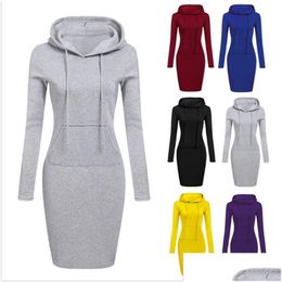 Slaap lounge vrouwen hoodie jurk knie lengte casual truiBodycon potlood lange mouw trui pocket rok bodycon tuniek top 9 colo dhyll