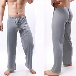 Sommeil vêtements de nuit pour hommes voir doux à travers un pantalon Pj pantalon vêtements de nuit transparents bas de pyjama en soie mâle maison glace 240307