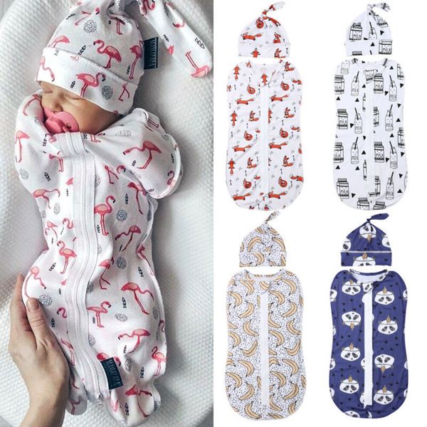 Sacs de couchage 2PCS doux bébé Swaddle couverture en mousseline Animal mignon imprimé né bébé sacs de couchage Zipper Wrap Swaddling BlanketHats 230413