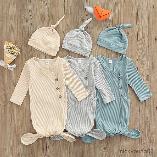 Sacs de couchage bébé sac chapeau ensemble couleur unie manches longues couvertures portables enfant en bas âge sommeil abricot/gris/lac bleu R230614