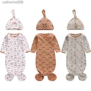 Sacs de couchage Robe de bébé nouée à manches longues Sacs de couchage pour bébé Chemises de nuit extensibles super douces Vêtements de nuit pour nouveau-nés avec ensemble de chapeaux pour 0 à 12 mois L231225