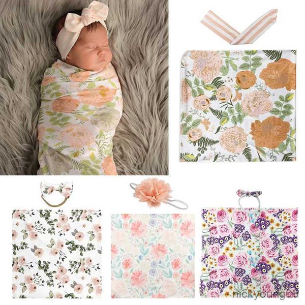 Sacs de couchage Nouveau-né Floral Swaddle Bandeau Ensemble Bébé Coton Recevant Couverture Sac Bande De Cheveux Literie R230614