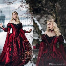 Belle au bois dormant Princesse médiéval bordeaux et robe de mariée gothique noire Appliques à manches longues