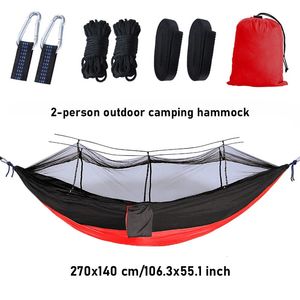 Camping Sleeping Double Hammocks Dos personas Correos de swing de nylon de alta calidad 200 kg hamaca portátil con mosquito 240325