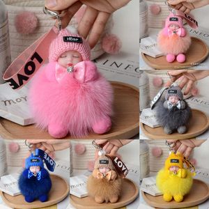 Slapende poppen Key Chain Fox Pompom Ball Dames sieradentas Hangende bont Accessoires Auto Keychains Soft Faux Fur Ball Pendant