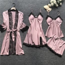 Vêtements de nuit 2023 Femmes Pamas Sets Satin Vêtements de sommeil Soil 4 pièces Vêtements de nuit Pyjama Strap Lace Sleep Lounge Pama avec poitrine Drop