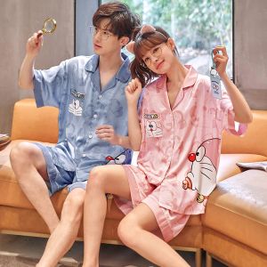 Slaapkleding anime doraemon volwassen pama stelt vrouwen mannen thuiskleding paar pijama pak Koreaanse losse pyjama vneck zijden slaapkleding