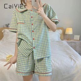 Vêtements de sommeil caiyier green grid women pamas ensemble girl girl coréen sweet nightwear doux décontracté vêtements sommiers femelles japonais chic vêtements maison