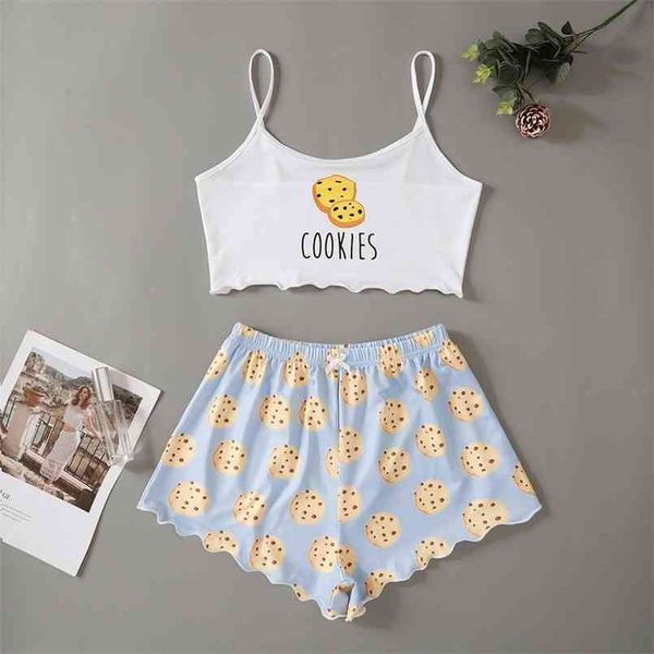 Ropa de dormir Galletas lindas Imprimir pijamas para mujeres Conjunto de pijamas Camisetas dulces Pantalones cortos Pijama de verano 210809