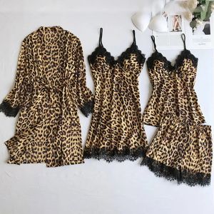 Slaapkleding luipaardprint sexy vrouwen pamas sets satijn pijama zijden huis slijtage borduurwerk slaap lounge pyjama nachtkleding lingerie #w