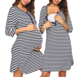 Slaapkleding zwangerschaps gestreepte pyjama's zwangere vrouwen lange mouw nachtkleding zwangerschap verpleegkunde nachthemd borstvoeding nachtdress slaapkleding