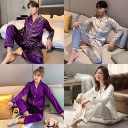 Vêtements de nuit hommes hommes en soie en satin couleur solide pama set couple couple de pyjamas à la maison long pyjamas pijama women loungewear plus taille pjs 220827