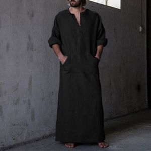 Nachtkleding Herenoverhemden Gewaad Jurk Lange mouw 100% Katoen V-hals Volledige lengte Islamitische Arabische Kaftan Kleding Ropa Hombre Moslim Eid-kostuum