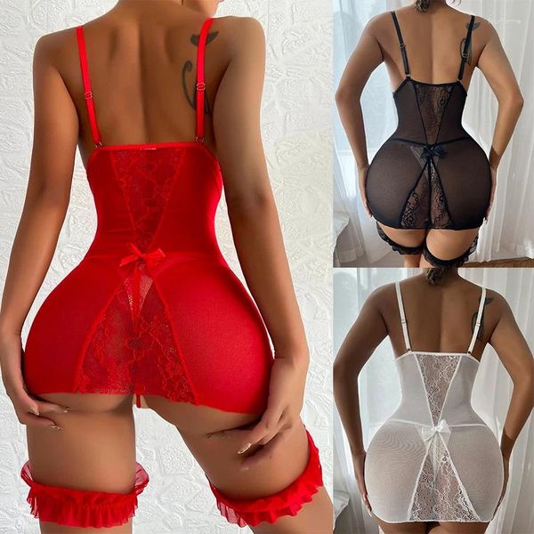 Vêtements de nuit porno femmes pyjamas ensemble sexy chemises de nuit sans entrejambe femmes maille perspective lingerie robe dentelle douce chemise de nuit avec jarretière pyjama 486