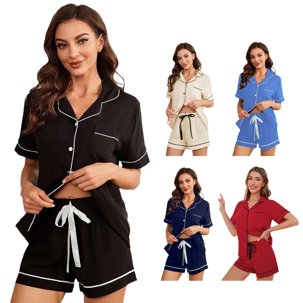 Sleepwear Summer Striped Solid Color Basic Short Sleeved Shorts Casual Women's Home Clothing SetF41940