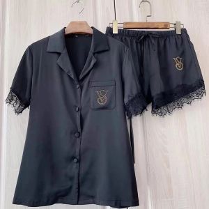 Ropa de dormir de dos piezas, conjunto de Pamas para mujer, ropa de dormir de seda satinada con retazos de encaje, pijamas de verano de alta calidad, ropa de salón para mujer, traje para casa