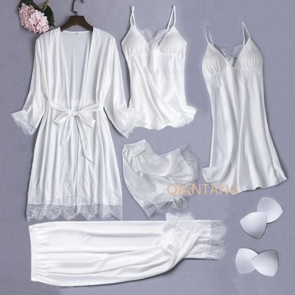 Vêtements de nuit en soie blanche Pamas ensemble femmes 5 pièces mariée Robe de mariée chemise de nuit Sexy dentelle Chemise vêtements de nuit Kimono peignoir Robe Lingerie