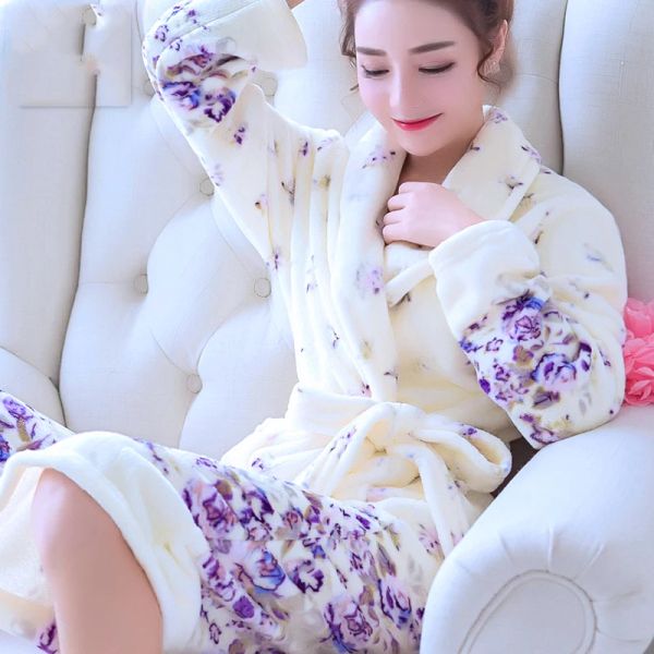 Vêtements de nuit hivernaux chaudes robes corail toison somnifère femelle kimono imprimé de nuit floral robe de chambre de chambre de chambre garantie porte du peignoir de l'hôtel