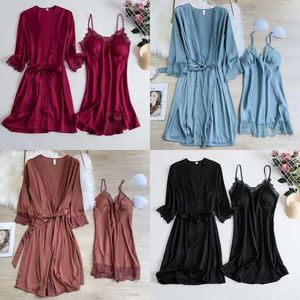 Sleepwear satin satin sexy 2pcs kimono toure set mujeres nightwear de lencería íntima encaje casa dormitorio