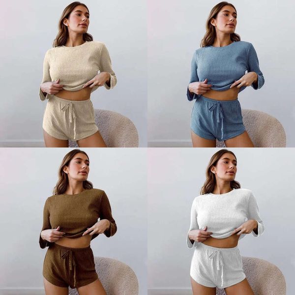 Vêtements de nuit Les pamas solides pour femmes sets shorts de gaufre à col o de haute qualité avec manches longues lingerie à la maison décontractée S-xxl