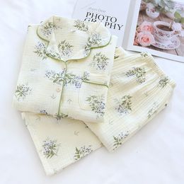 Ropa de dormir para mujer, primavera y otoño, gasa de algodón puro, conjunto de manga larga con cárdigan dulce con estampado de solapa, ropa para el hogar de tela crepé lavada