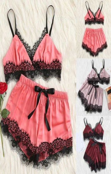 Vêtements de nuit femmes vêtements de nuit sans manches sangle vêtements de nuit dentelle garniture Satin Cami haut pyjama ensembles femmes pyjamas sexy lingerie porno 83365511