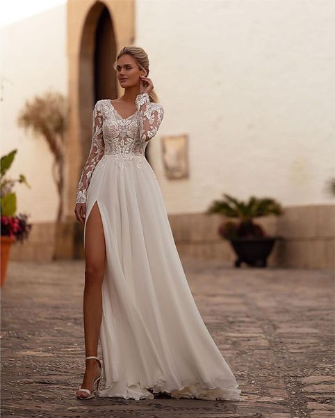 Manche en mousseline de soie robe de mariée Aline pour les femmes 2024 Open dentelle Boho V couche de couche Robe de Soiree Mariage 326