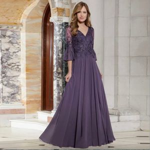 Mouw half hoorn moeder van de bruid jurken kralen chiffon formele jurk paarse kanten applique vestidos para muje