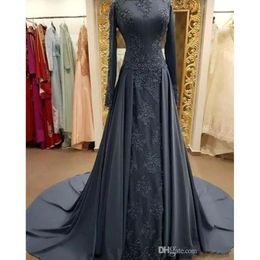 Manche longue en dentelle gris Elegant Elegant 2019 Crew Neck Applique Satin Train Formal Muslim Prom Prom Party Robes BC2001