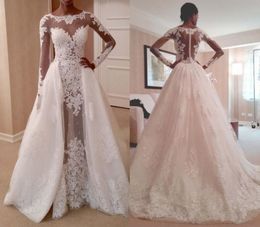 Vestidos de novia largos de sirena de manga con lentejuelas de tren desmontable Cuello de joya Abiti Da Sposa Corpiño de ilusión Vestidos de novia de encaje