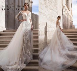 Manches longues modestes robes de sirène en dentelle avec jupe en tulle détachable col transparent illusion corsage robes de mariée d'été robe de mariage BC