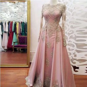 Manche musulmane élégante arabe longues robes de soirée cristaux de perles de perles rose une ligne usure formelle appliques en dente