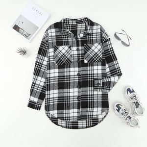 Mouw plaid shirt knopjas (vrouwelijk) lange herfst winter nieuwe los contrast jas (vrouw) sq56