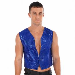 Sleevel Jazz Dance Vest Tops pour hommes Femmes Hip Hop Performance Dance Costume Hem Gilet Butt Veste Glittery Paillettes Top U7Xb #