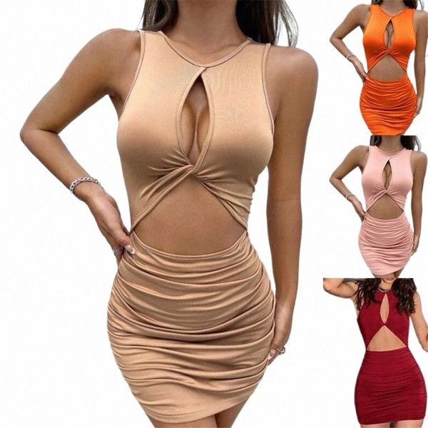 Sleevel Sexy Mini Dr Mujeres Bodyc Plisado Hollow Out Dr Summer Party Club Sólido Corto Mini Dres Party Club Outfit s6BI #