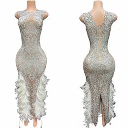 Sleevel Sier Diamd Feather Dr Femmes Anniversaire Célébrer Outfit Soirée Dres Stage Dancer Costumes XS5774 v8T7 #